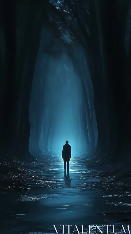 Lone silhouette enters glowing blue forest corridor.