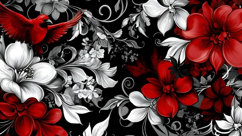 Scarlet Dreams: Red Bird Among Grayscale Blooms.