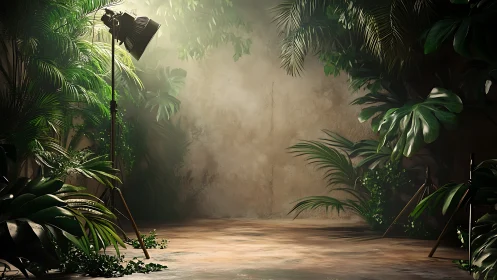 Studio jungle backdrop with cinematic lighting composition.