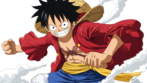 Cheerful straw-hat hero charging forward with bright energy.