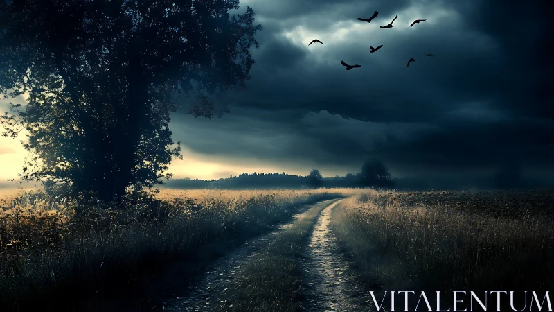 Moody country lane under stormy skies and soft dawn light.