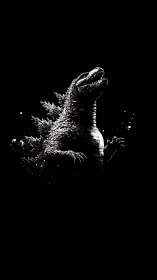 Monochrome kaiju silhouette emerges in stark high-contrast chiaroscuro