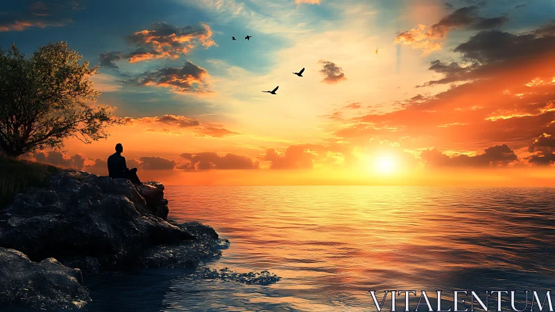 Solitary figure on rocky coast watching radiant ocean sunset.