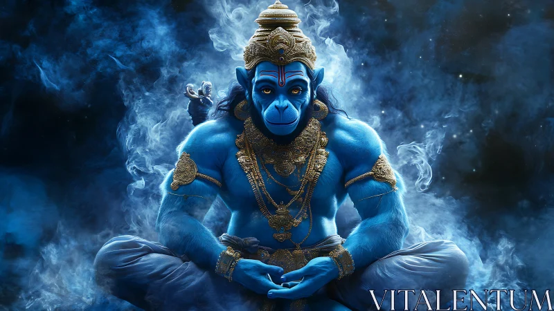 Blue simian deity in ornate gold jewelry, seated calmly.