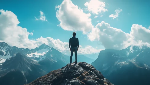 Man stands on rocky summit overlooking distant peaks.