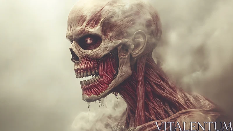 Hyper-detailed flayed skull profile with exposed musculature emerging