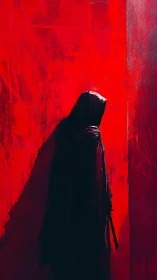 Hooded wanderer resting inside a storm of electric red.