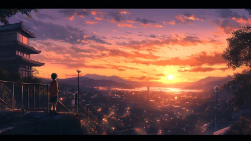 Solitary child observing glowing city sunset over hills