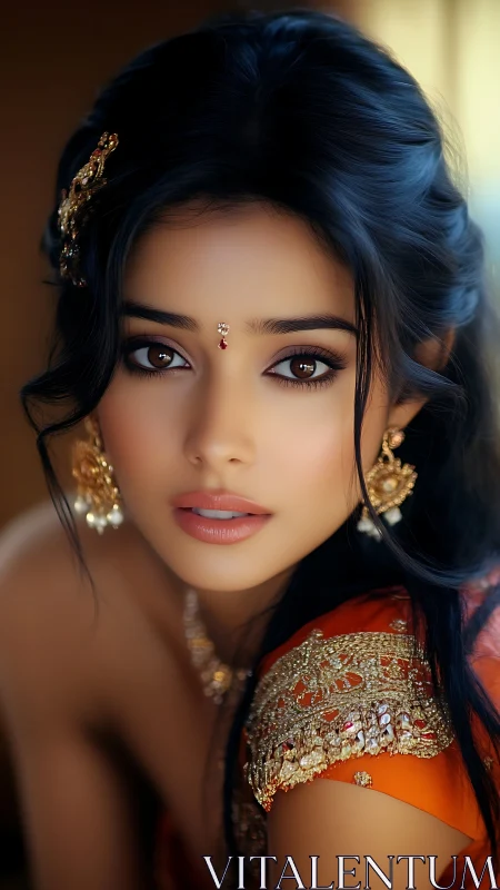 Portrait of woman in ornate orange sari with gold jewelry.