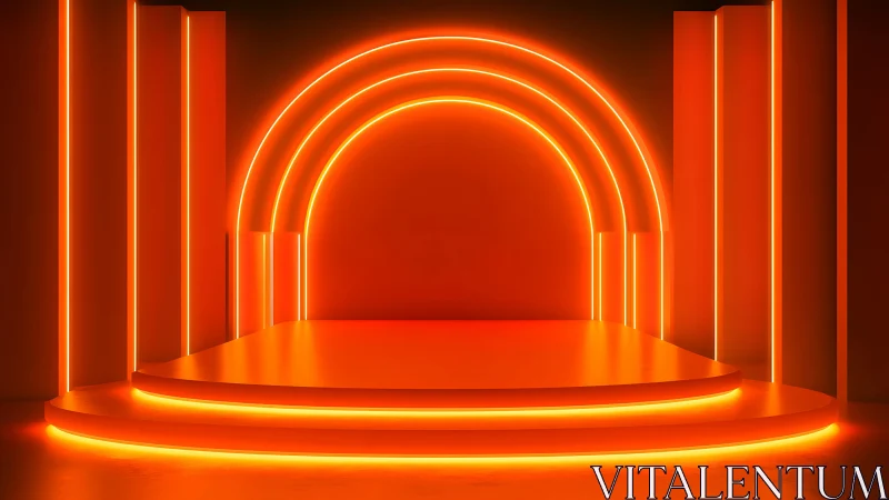 Neon orange geometric stage shows curved arches and platform