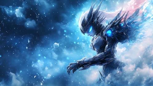 Celestial cybernetic warrior emerging through luminous nebula.