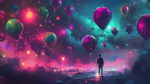 Solitary figure surveys neon balloon sky in luminous dreamscape