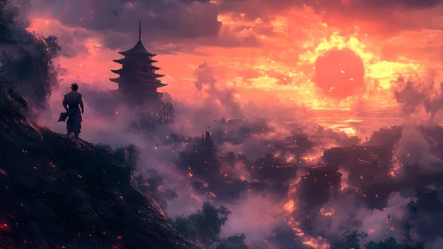 Wanderer gazes over mystical sunset city in glowing mist.