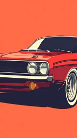 Red classic coupe illustration on flat orange background.