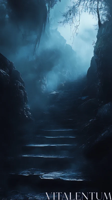 Fog shrouded stone staircase ascends through a dark ravine