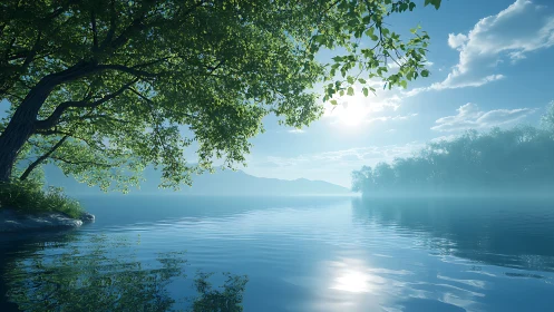 Tranquil lakeside morning with misty horizon and sunlit water.