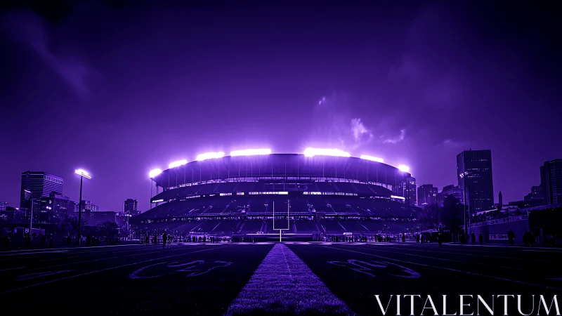 Neon-lit stadium skyline in symmetrical nightscape treatment.