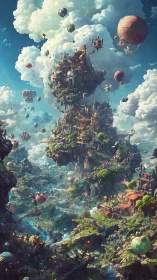 Vertical fantasy sky city with floating islands and airships.