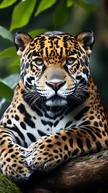 Regal jaguar rests on mossy branch in lush jungle light