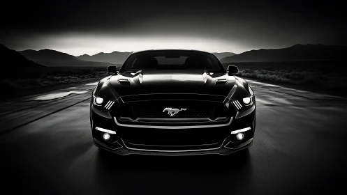 Midnight muscle car prowling a wet desert highway horizon.