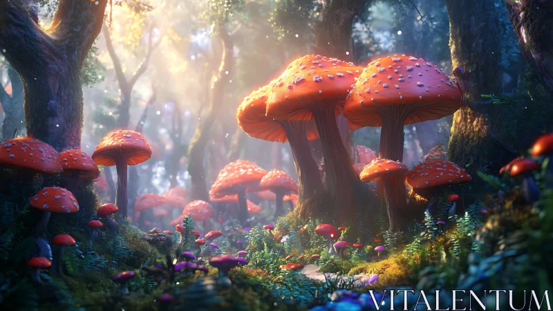 Clustered orange mushrooms fill dense forest clearing with light