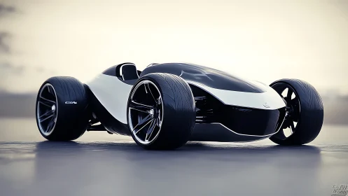 Futuristic low-slung concept hypercar in 3D studio rendering.