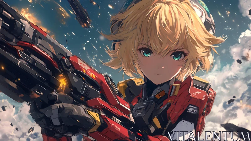 Mecha pilot grips massive railgun amid burning sky.