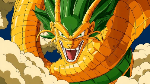 Coiled golden dragon with green mane emerges through clouds