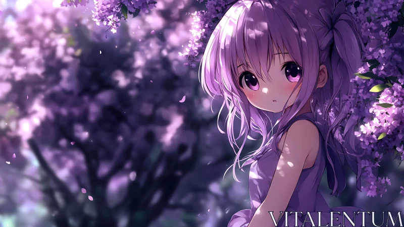 Shy lavender haired girl stands beneath glowing lilac blooms
