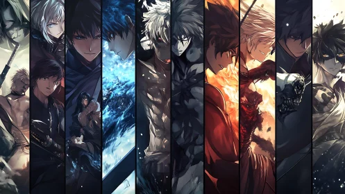Elemental anime warriors framed in vertical cinematic panels.
