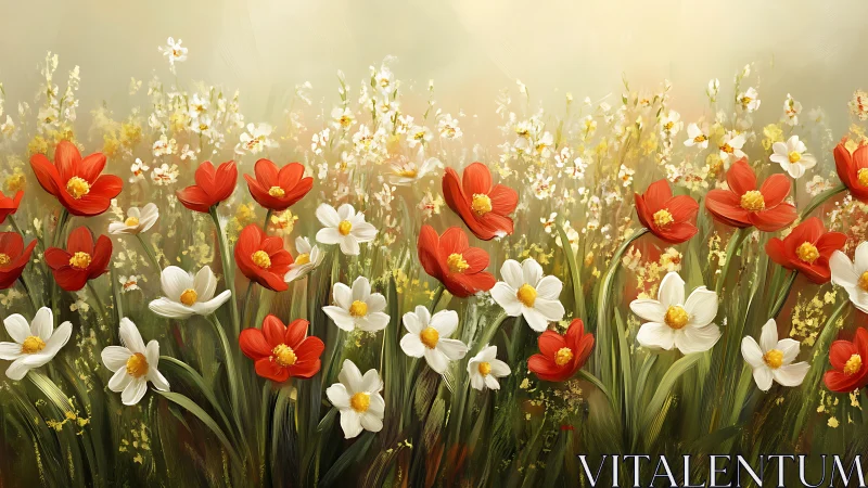 Red and White Flowers Dancing in Golden Sunlight.