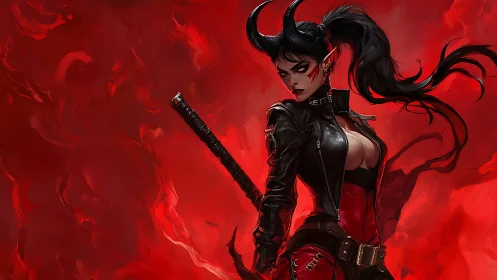 Demonic warrior in red inferno with katana and leather armor.