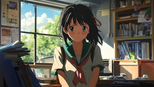 Sunlit schoolgirl pauses as afternoon quiet fills the clubroom