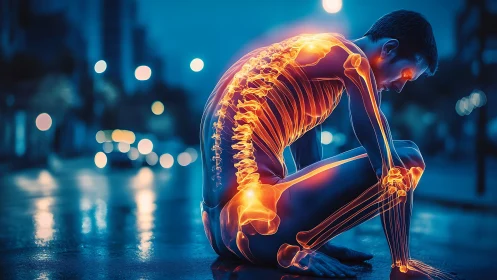 Man crouches on wet street with glowing skeletal overlay