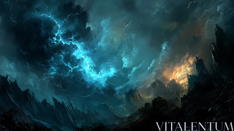 Stormlit fantasy sky pours lightning over jagged dark peaks
