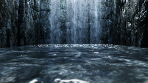 Rocky cavern pool receives vertical cascading waterfall