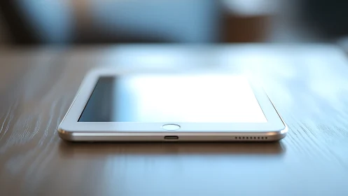Silver smartphone resting on wooden surface with blurred background.