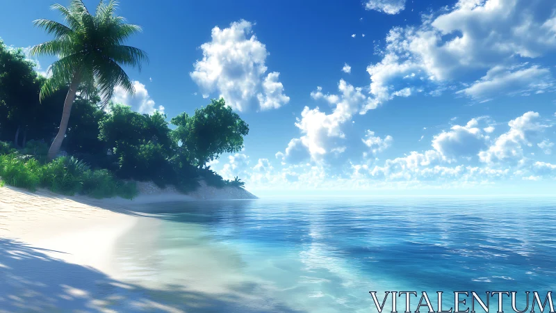 Tropical Coastal Render: White Sand Beach with Volumetric Lighting and Palm Vegetation.
