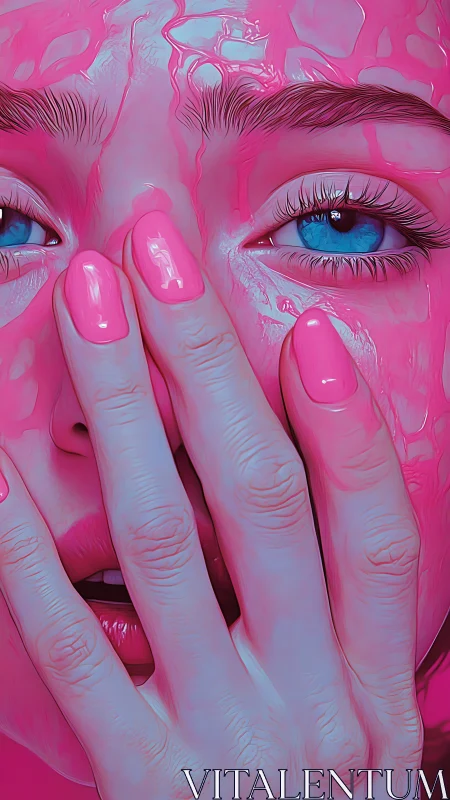 Hyperreal pink portrait isolates tactile tension and gaze