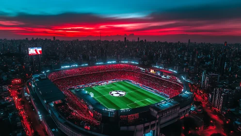 Neon twilight wraps a roaring city stadium in electric color