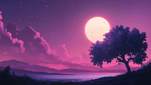 Violet coastal moonrise with silhouetted tree and clouds.