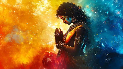 Divine woman in prayer amid fiery and cosmic colors.