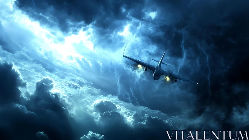 Stormborne airliner knifes through electric midnight sky.