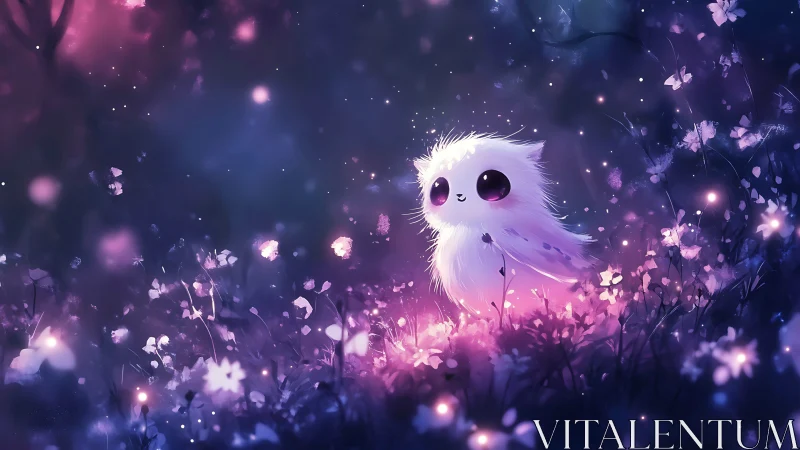 Fluffy fantasy creature standing in glowing flower field.