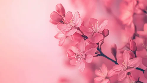 Pink blossoms bloom with delicate petals and visible stamens.