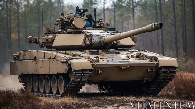 Powerful desert-toned tank rolling through quiet forest trail.