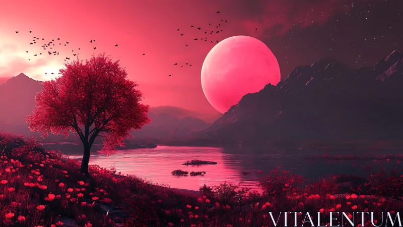 Crimson moonrise over surreal reflective lakeshore vista.