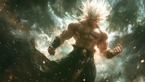 Muscular white-haired figure stands amid swirling energy clouds