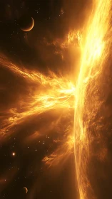 Golden solar flare reaching toward quiet distant planets.
