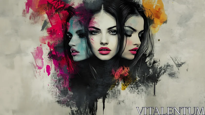 Triple female portrait merges with expressive ink splashes